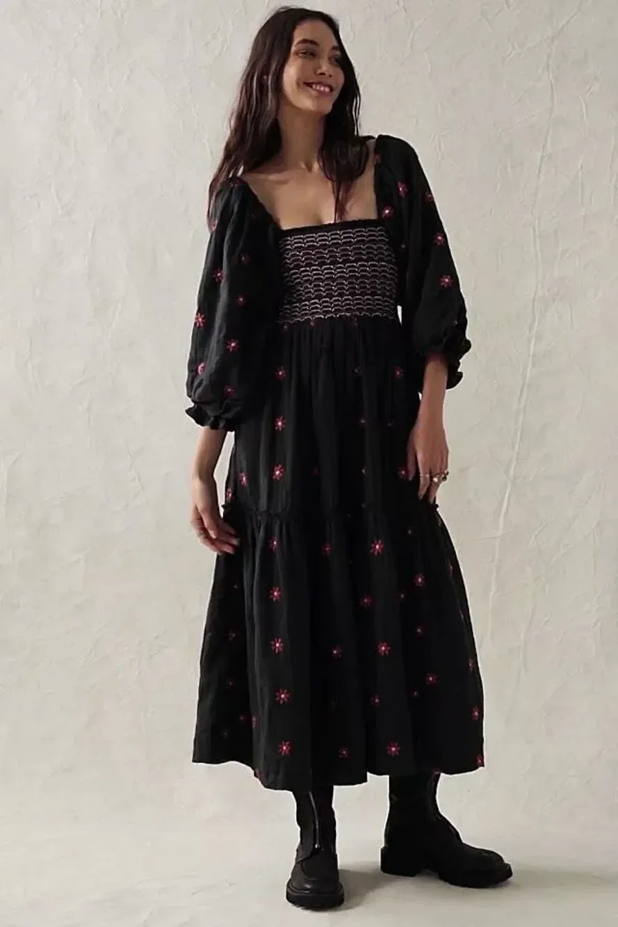 Free People Womens Black Dahlia Puff Sleeve Embroidered Floral Maxi Dress Medium